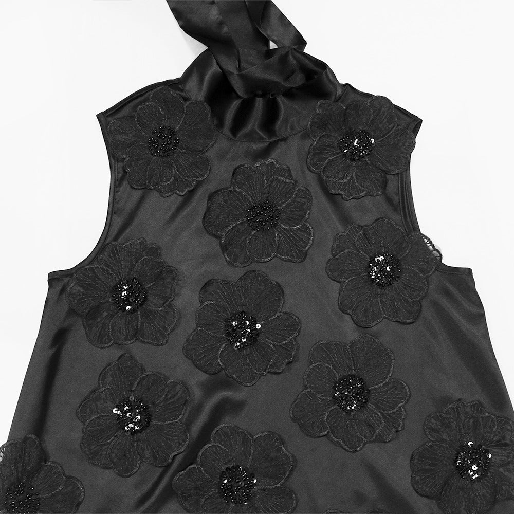 MB1215 Satin Sleeveless Midi Dress with 3D Floral Embellishments