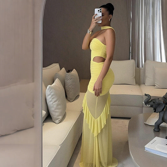 MB1517 Halter Cutout Ruched Mesh Maxi Dress