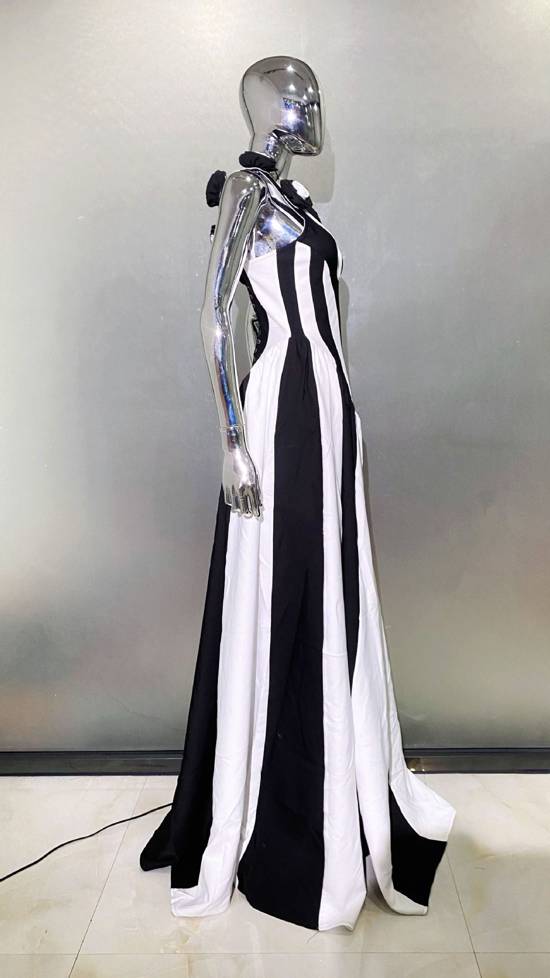 MB2106 Black White Striped Maxi Dress Party Vacation Gown