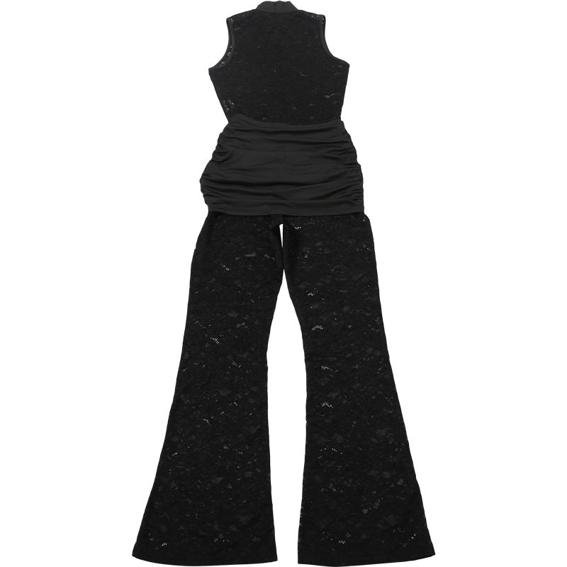 MB1122 Black Sheer Lace Sleeveless Flared Jumpsuit