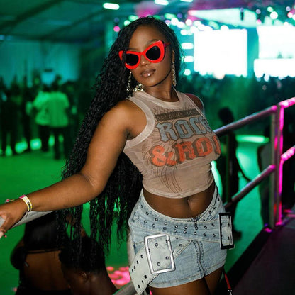 MB1026 Mesh Crop Top with Rock and Roll Print