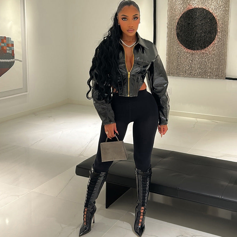 MB1519 Black Patent PU Leather Cropped Bomber Jacket