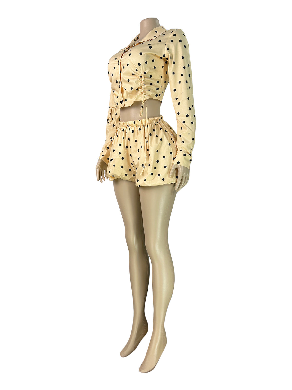 MB1730 Polka‑Dot Ruched Crop Shirt & Puffy Shorts 2‑Piece Set