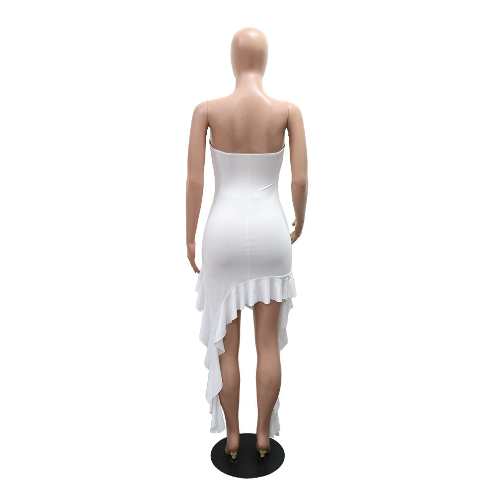 MB1228 White Strapless Ruffle High Low Bodycon Mini Dress | Ruched Party Dress