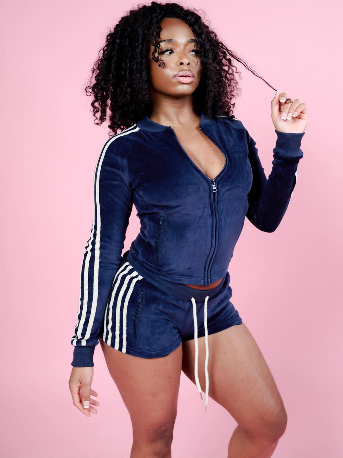 MB1731 Striped Velour Cropped Jacket & High‑Waist Shorts 2‑Piece Tracksuit Set