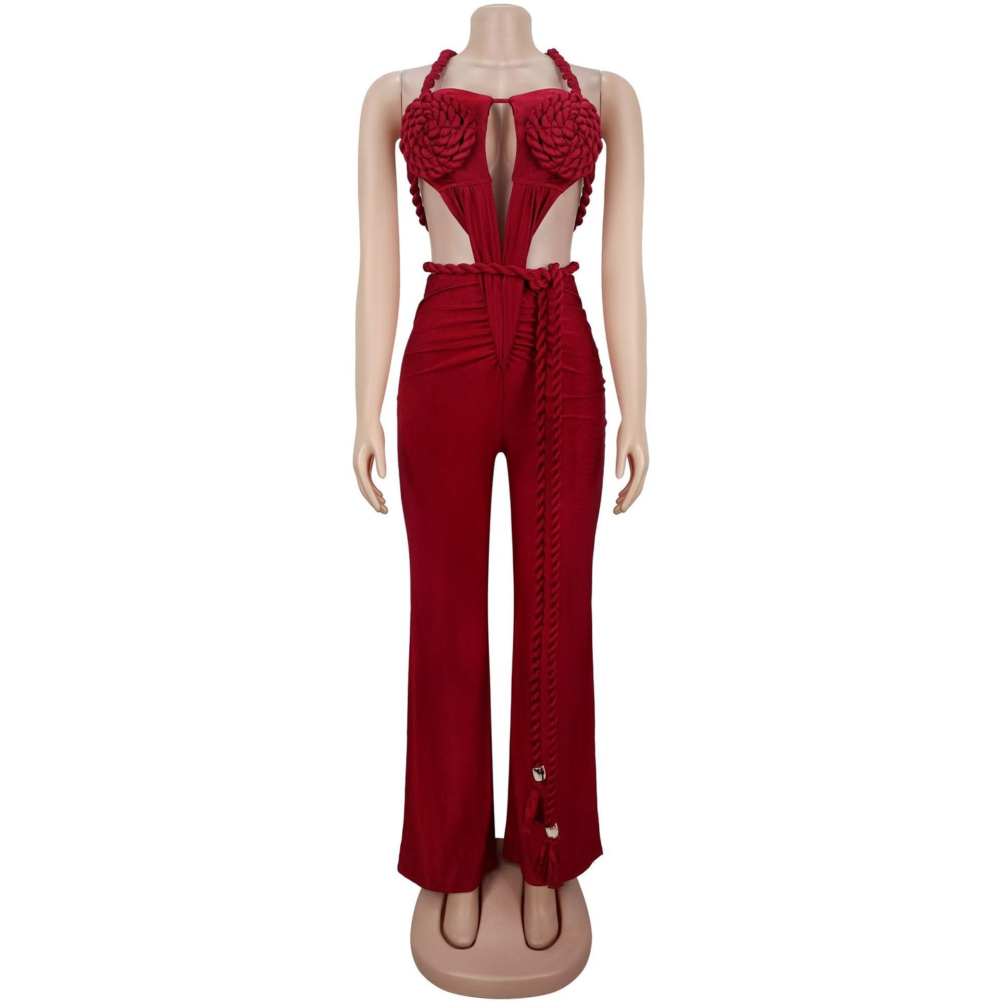 MB1621 Halter Neck Cutout 3D Flower Applique Wide Leg Jumpsuit