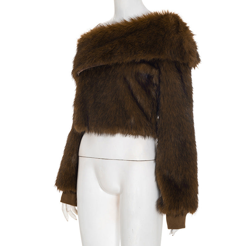 MB10113 Brown Faux Fur Off-The-Shoulder Cropped Top