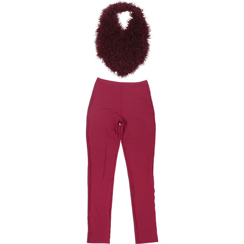 MB1801 Women's Faux Fur Trim Top & High Waist Leggings Two-Piece Outfit