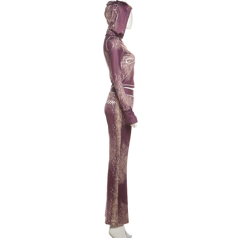 MB1152 Women’s Burgundy Snake Print Hooded Two Piece Set