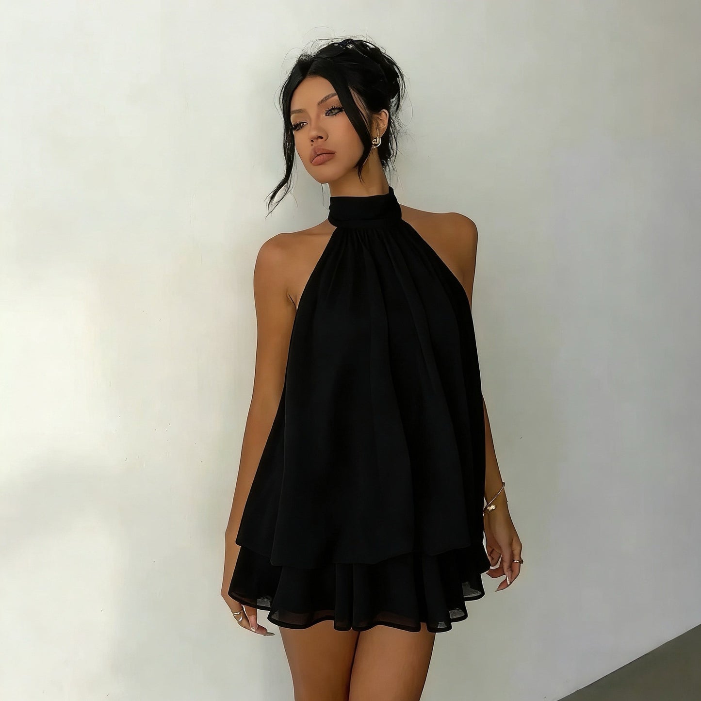 MB2001  Halter Backless Mini Dress - Flowy Ruffle Chiffon Party Dress for Women 