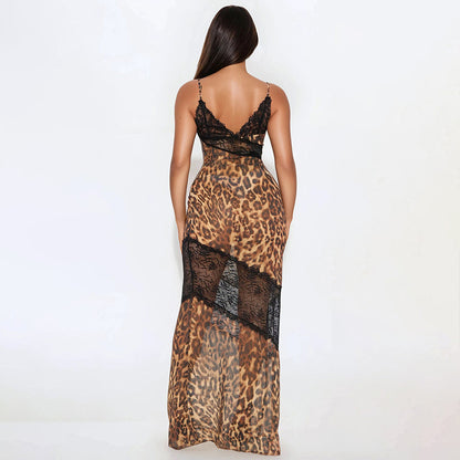 MB1028 Leopard Print Lace Trim Maxi Dress