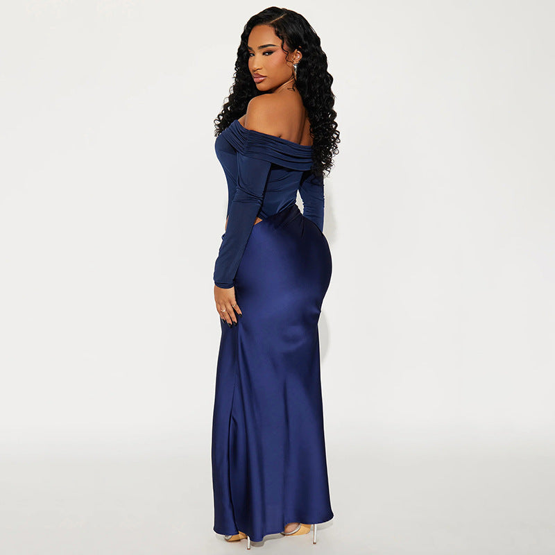 MB1416 Off-the-Shoulder Long Sleeve Satin Side Slit Maxi Dress