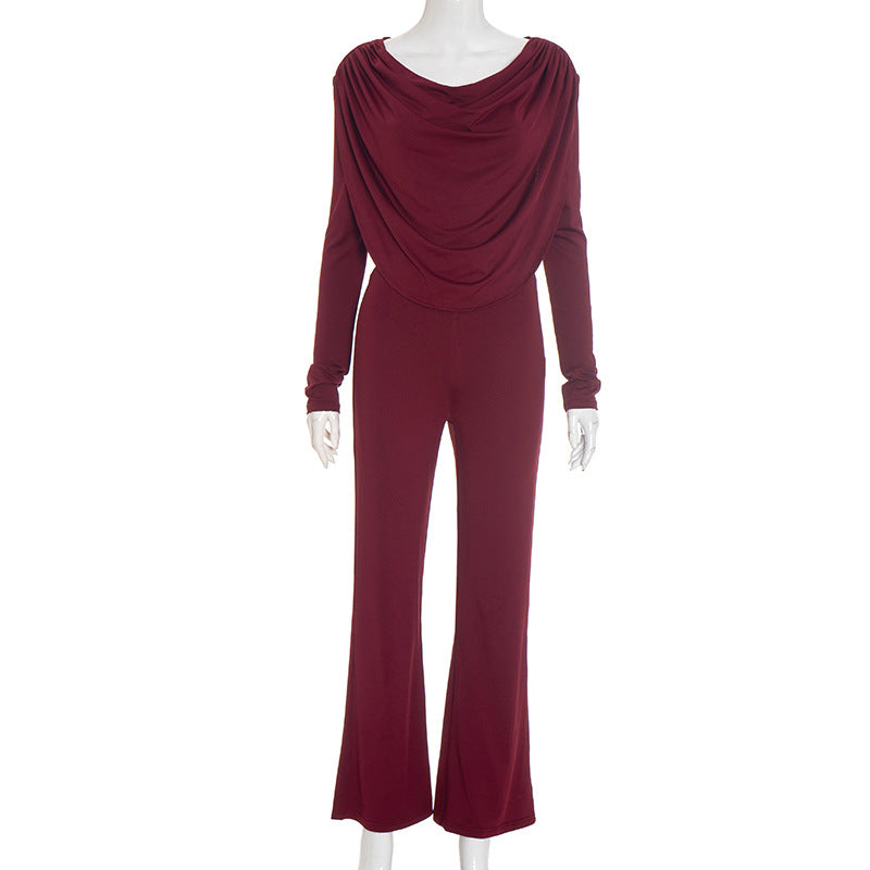 MB1066 Women's Cowl Neck Top &  Wide Leg Pants Two-Piece Set
