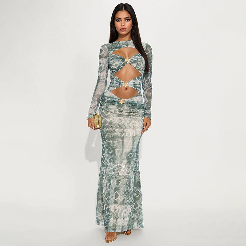 MB10114 Green Tie-Dye Cutout Maxi Dress
