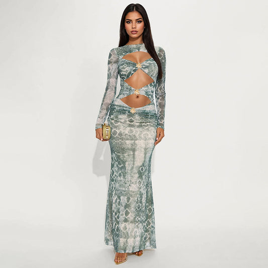 MB10114 Green Tie-Dye Cutout Maxi Dress