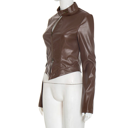 MB1040 Stand Collar PU Leather Zip-Up Jacket