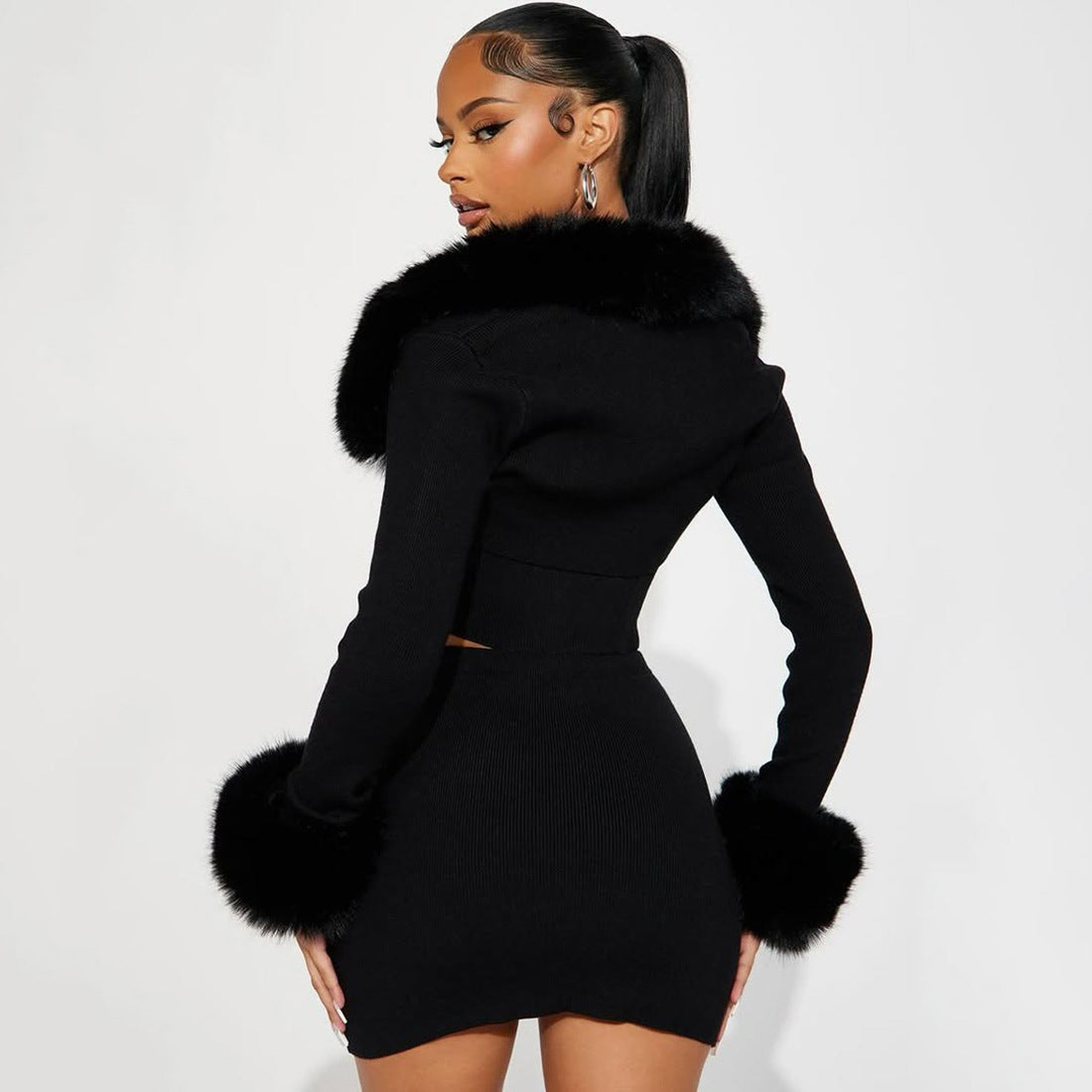 MB1813 Women's Faux Fur 3-Piece Set Crop Top Mini Skirt Long Sleeve Shrug