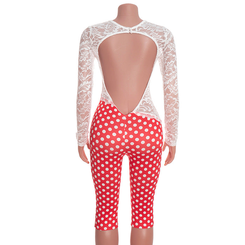 MB10119 White Lace Open Back Jumpsuit - Red Polka Dot Legs Party Romper