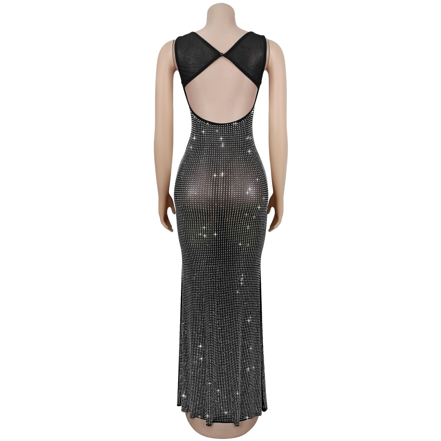 MB1605 Sheer Mesh Rhinestone Bodycon Maxi Dress