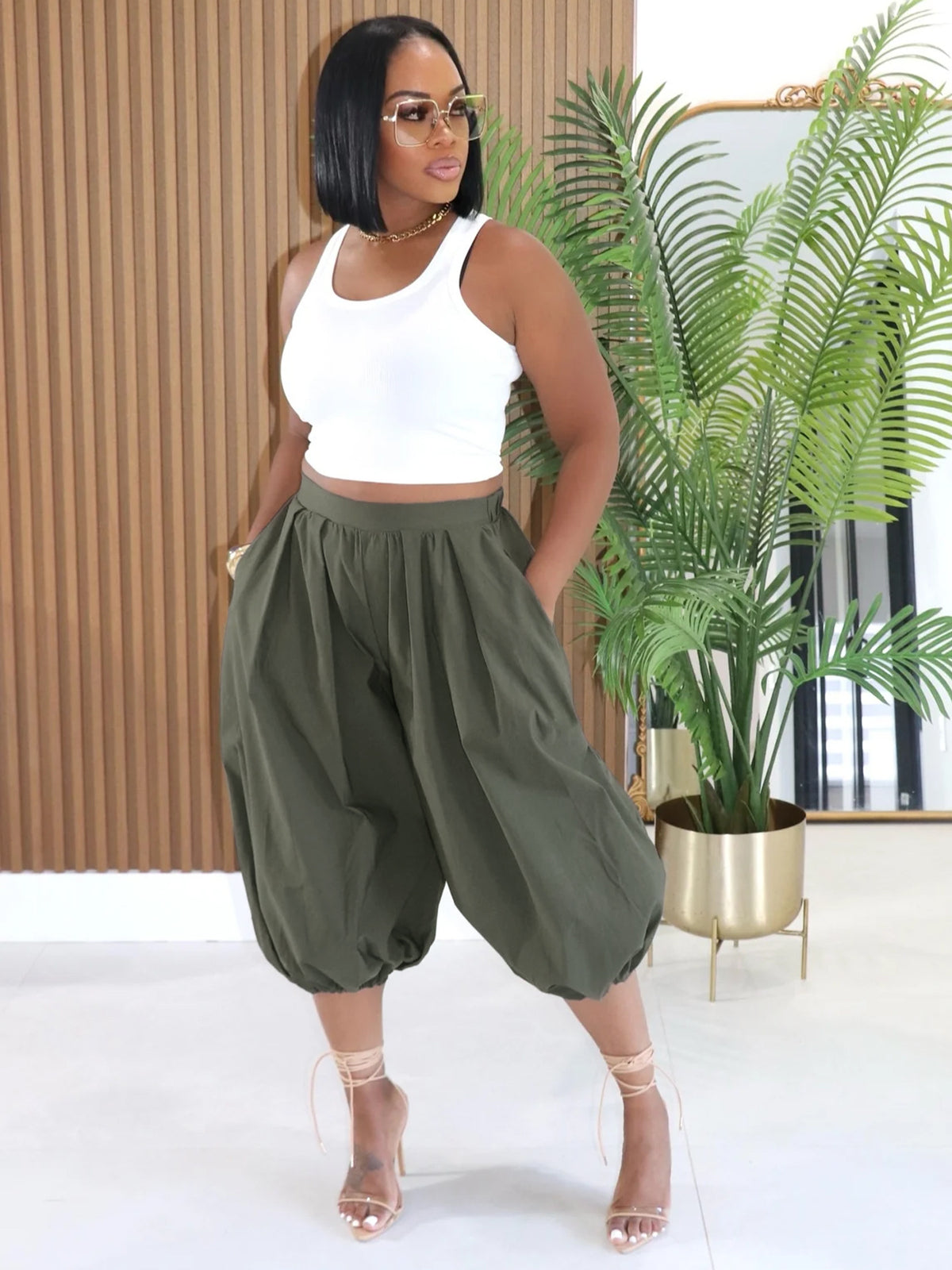 MB1737 High‑Waist Loose Lantern Harem Capri Cropped Pants