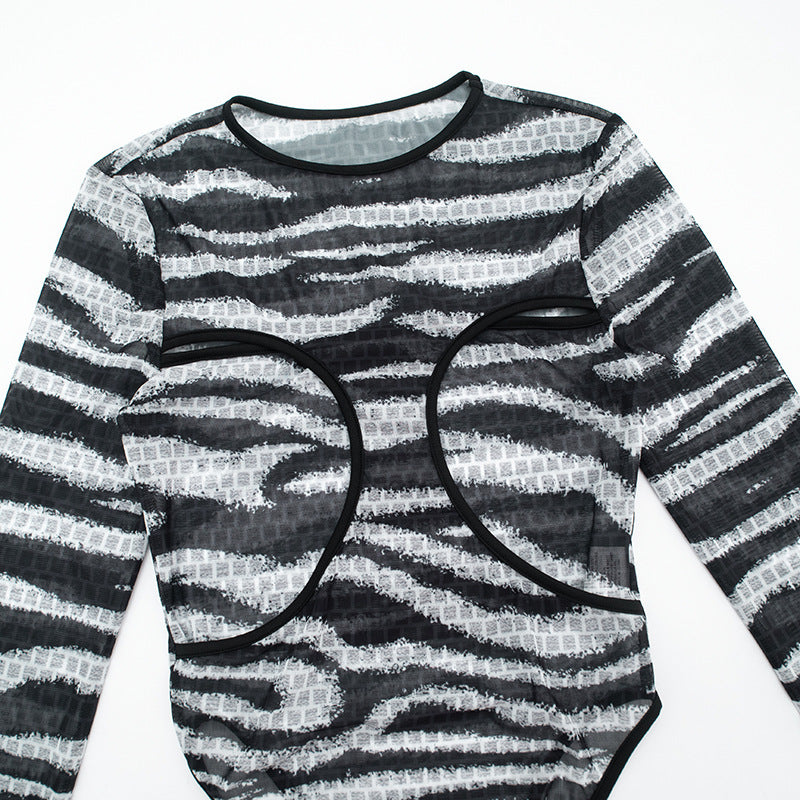MB1054 Zebra Print Cutout Bodysuit & Pants Women's Two-Piece Set