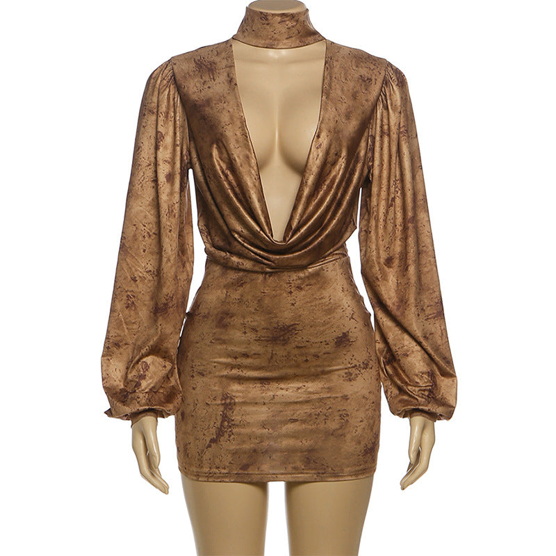 MB1510 Bronze Print Turtleneck Deep V Mini Dress