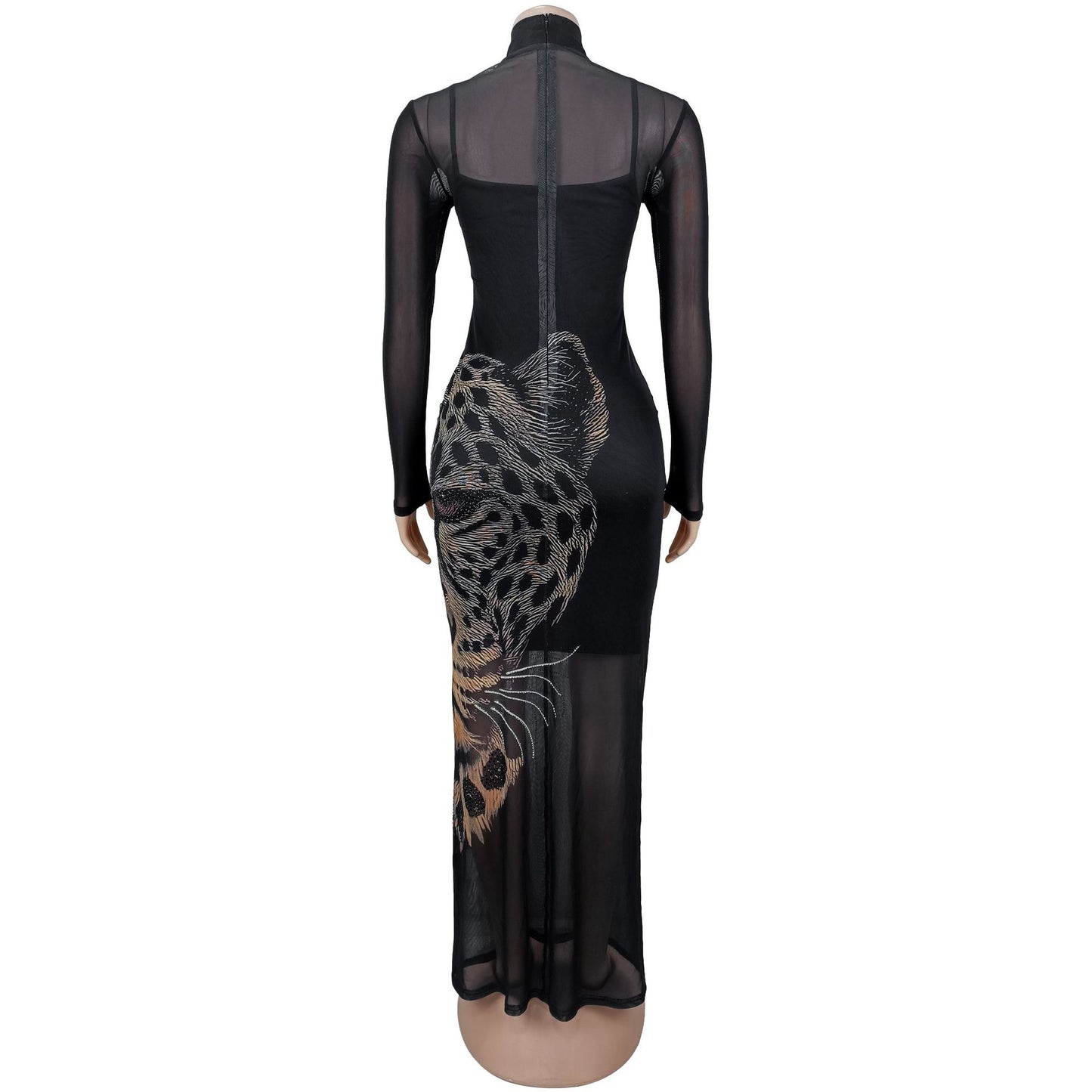 MB1608 Black 2-Piece Dress Set - Mini Dress + Leopard Head Print Maxi Overlay