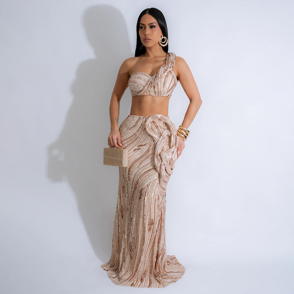 MB1219 Sequin One-Shoulder Crop Top & Bodycon Maxi Skirt Two Piece Set