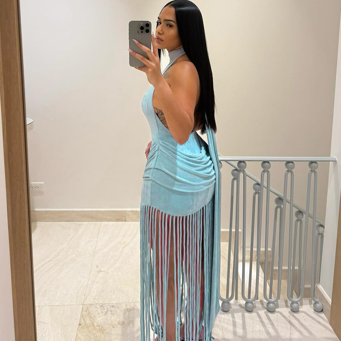 MB1158 Women's Halter Neck Maxi Dress with Long Fringe Tassels