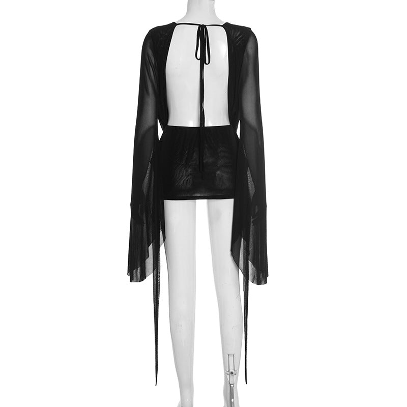 MB1031 Women's Mesh Backless Dress with Draped Neckline