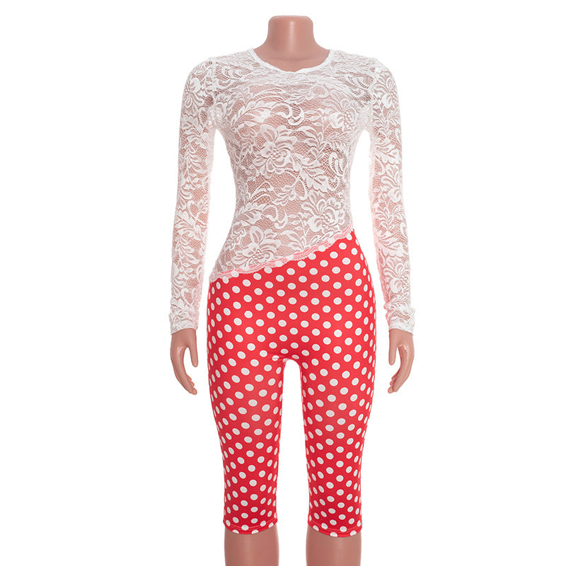 MB10119 White Lace Open Back Jumpsuit - Red Polka Dot Legs Party Romper