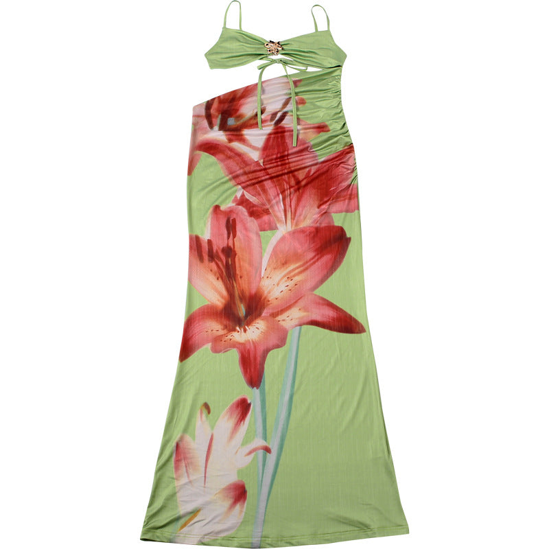 MB1169 Green Lily Print Cut Out Maxi Dress | Spaghetti Strap Backless Bodycon Gown