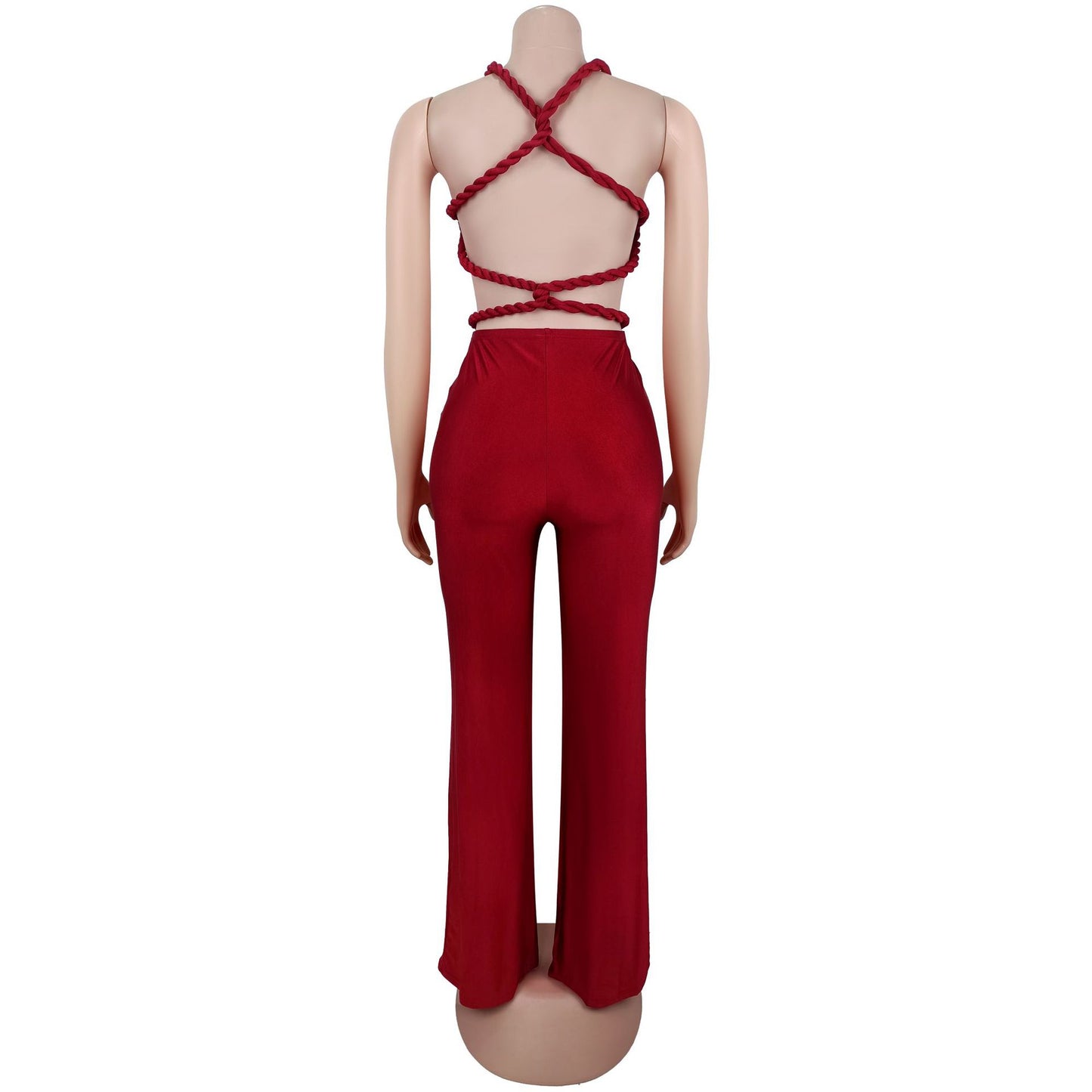 MB1621 Halter Neck Cutout 3D Flower Applique Wide Leg Jumpsuit