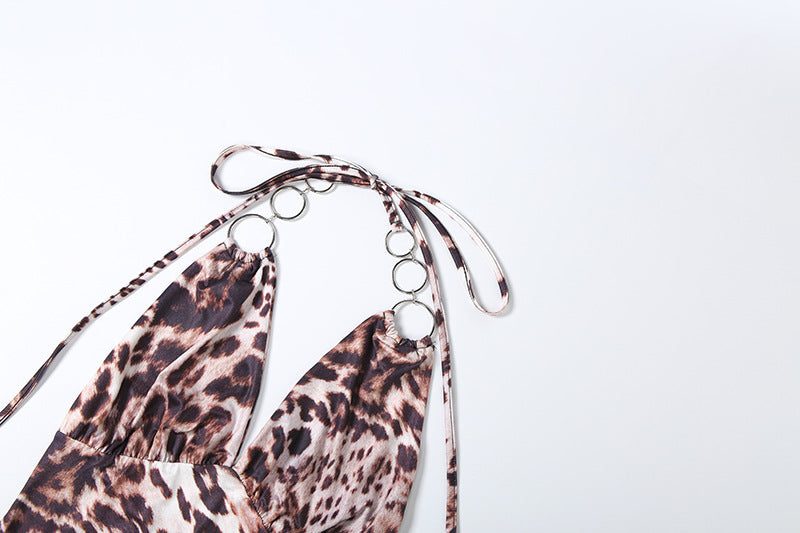 MB1166 Leopard Print Halter Maxi Dress | Chain Strap Backless Bodycon Gown