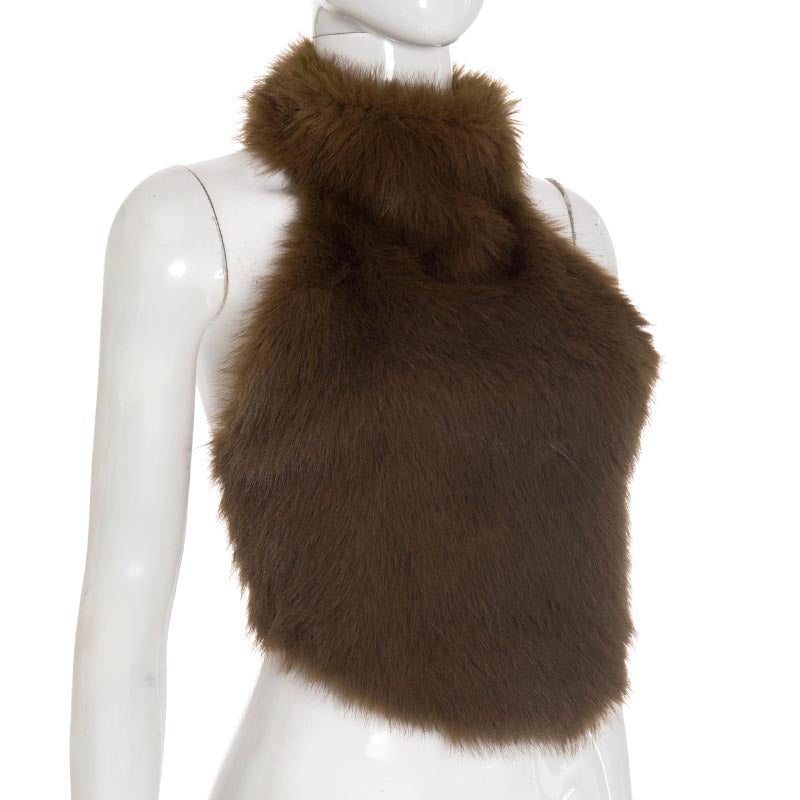 MB1092 Faux Fur Halter Backless Crop Top for Women