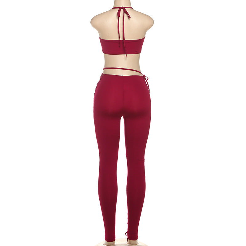 MB1807 Women's Nude Halter Bandeau Crop Top & Waist-Leg Lace-Up High-Waist Leggings Two-Piece Outfit