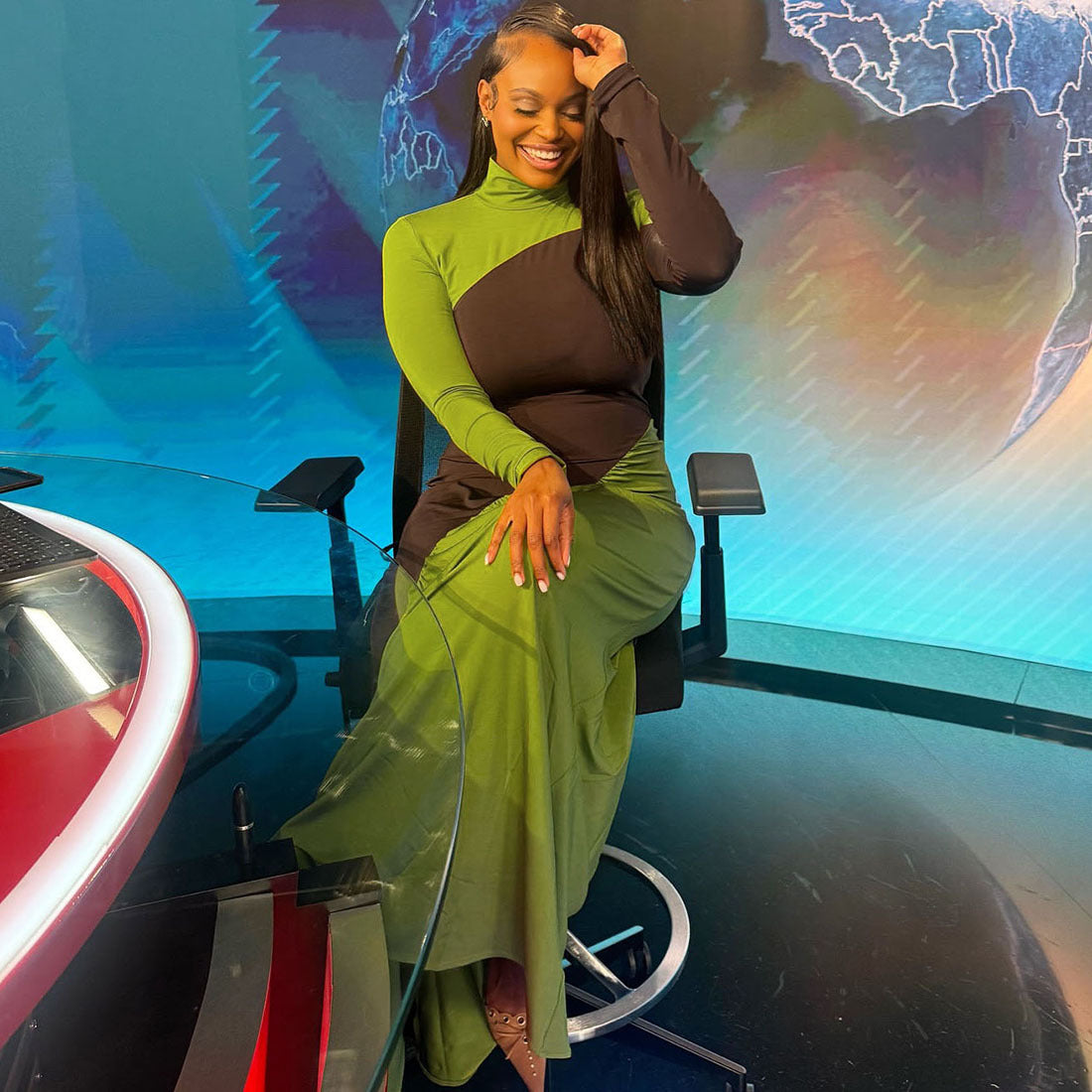 MB1515 Color Block Turtleneck Maxi Dress