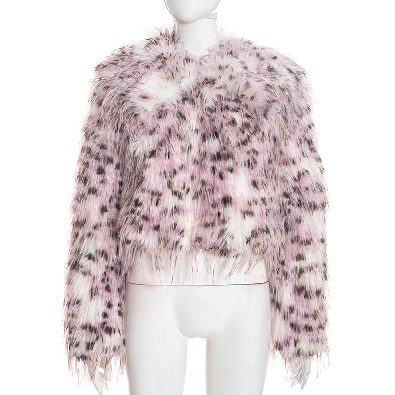 MB10141 Women’s Pink Leopard Print Long Fur Cropped Jacket