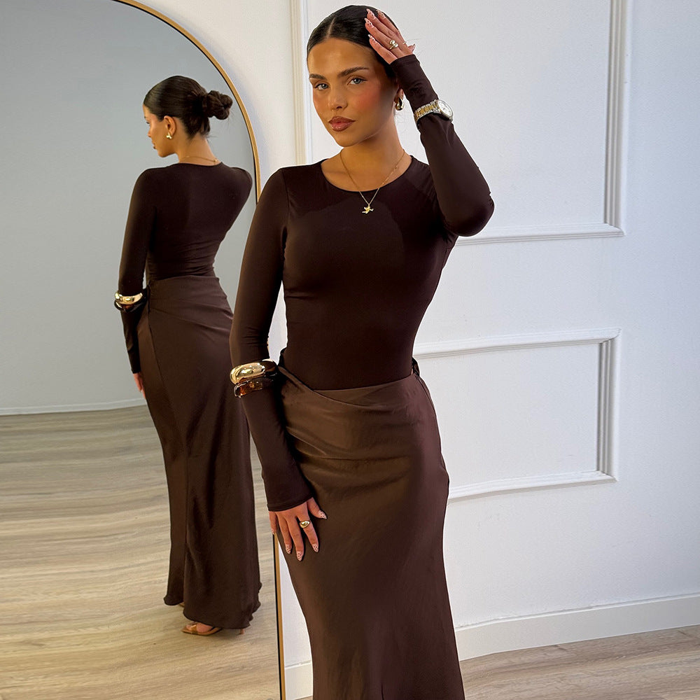 MB1314 Long Sleeve Round Neck Ruched Maxi Dress for Women