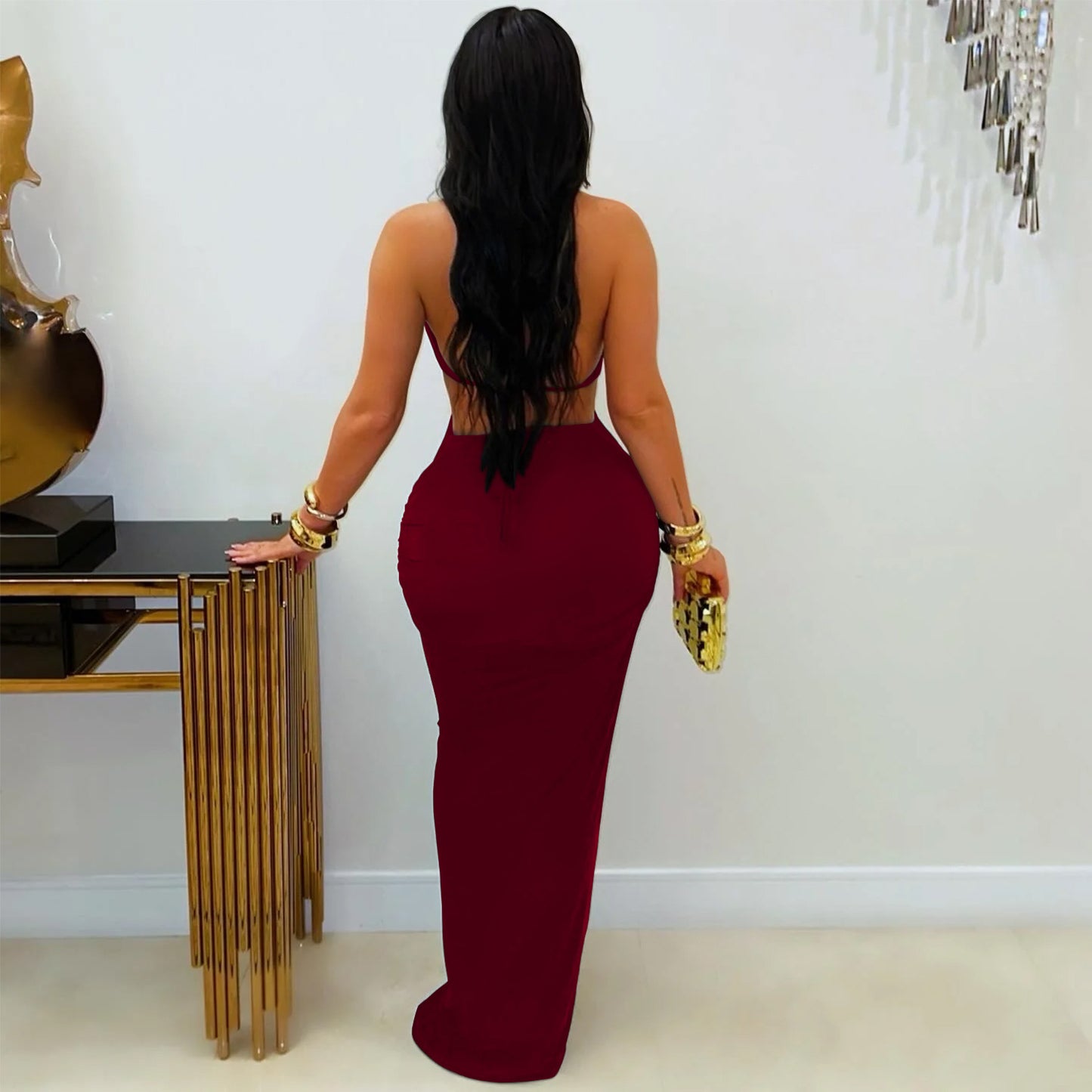 MB1620 Halter Neck Gold Ring Cutout Bodycon Maxi Dress