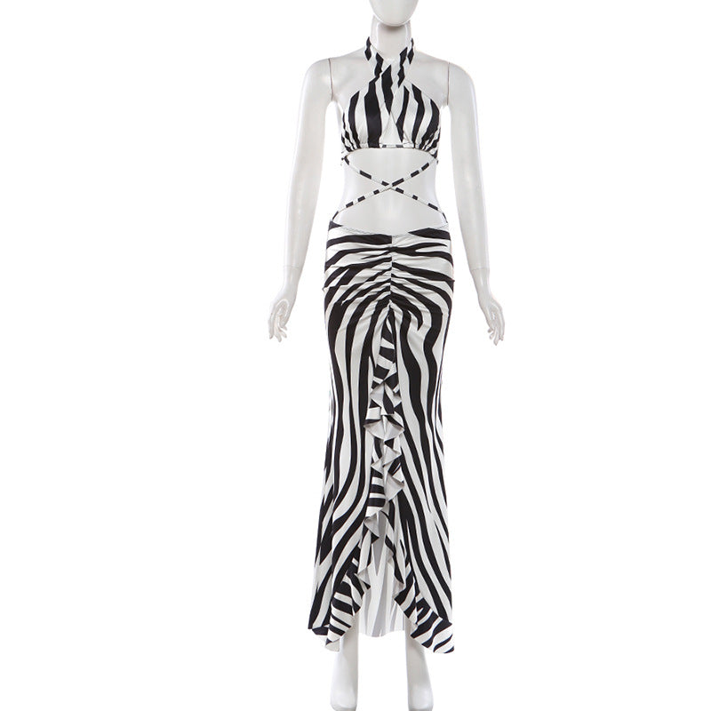 MB1163 Women's Zebra Print Halter Neck Two Piece Long Dress Set