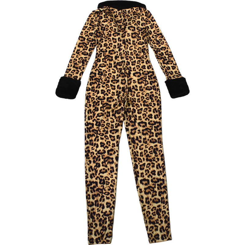 MB1512 Leopard Print Bodycon Jumpsuit - Black Faux Fur Collar & Cuff Trim