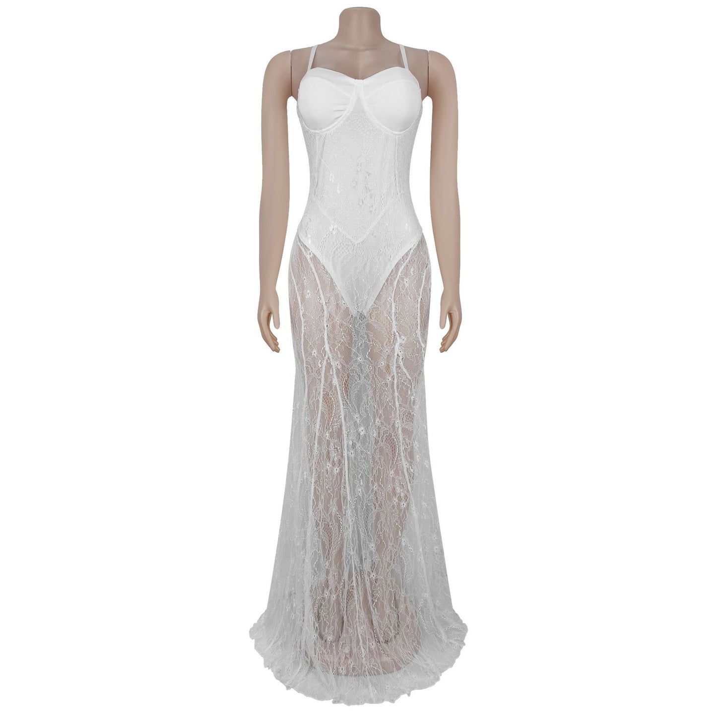 MB1626 Women's  Lace Spaghetti Strap Sheer Maxi Dress