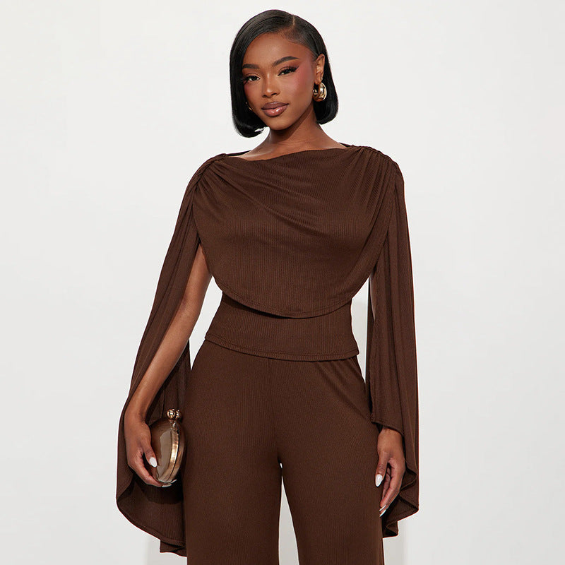 MB1049 Cape Sleeve Ribbed Knit Two-Piece Set