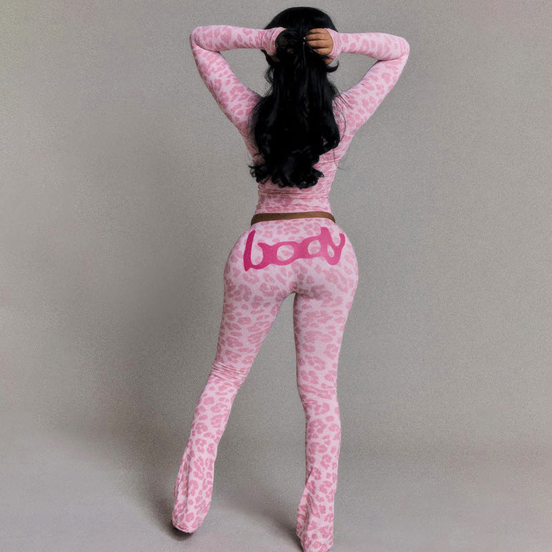 MB1802 Women's Leopard Print Hooded Top & Slim-Fit Pants Two-Piece Set