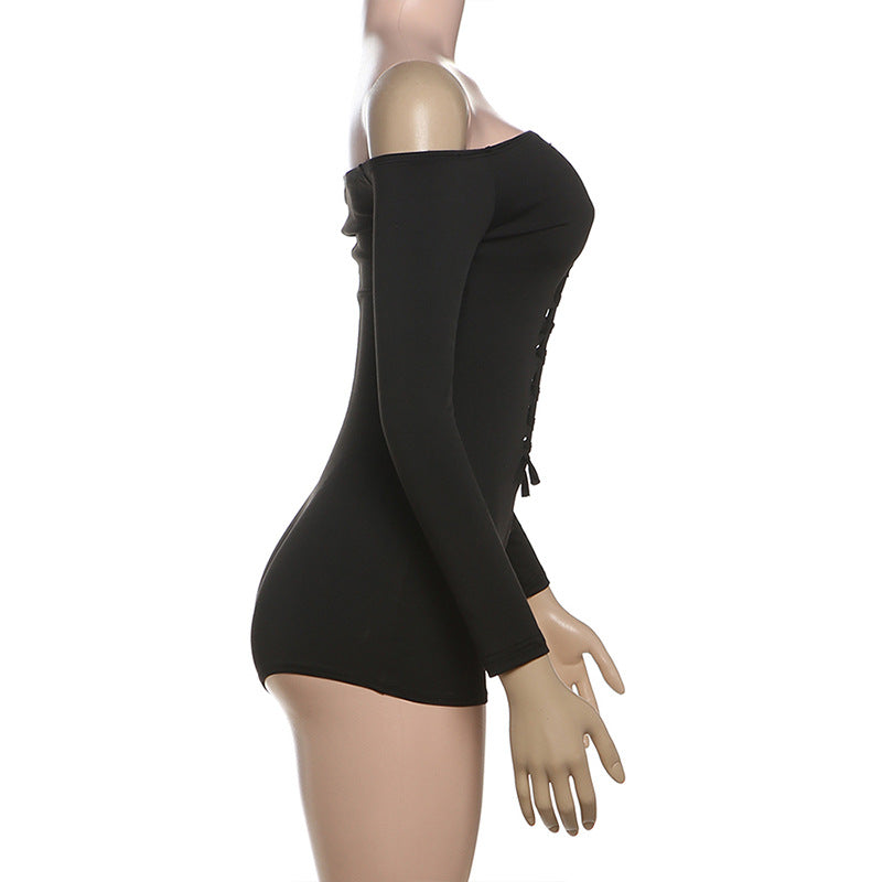 MB1506 Black Off-The-Shoulder Lace-Up Bodycon Romper