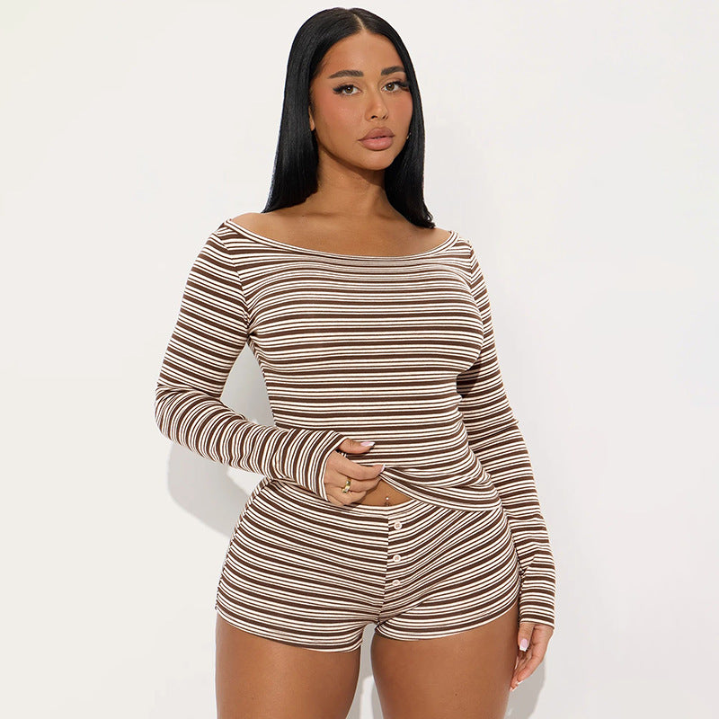 MB1428 Striped 2-Piece Set: Long Sleeve Top + High-Waisted Shorts