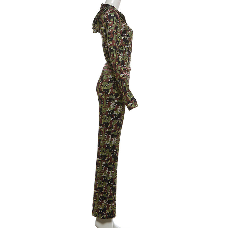 MB1165 Camouflage Print Hooded 2 Piece Outfit | Flare Pants & Zip-Up Tracksuit