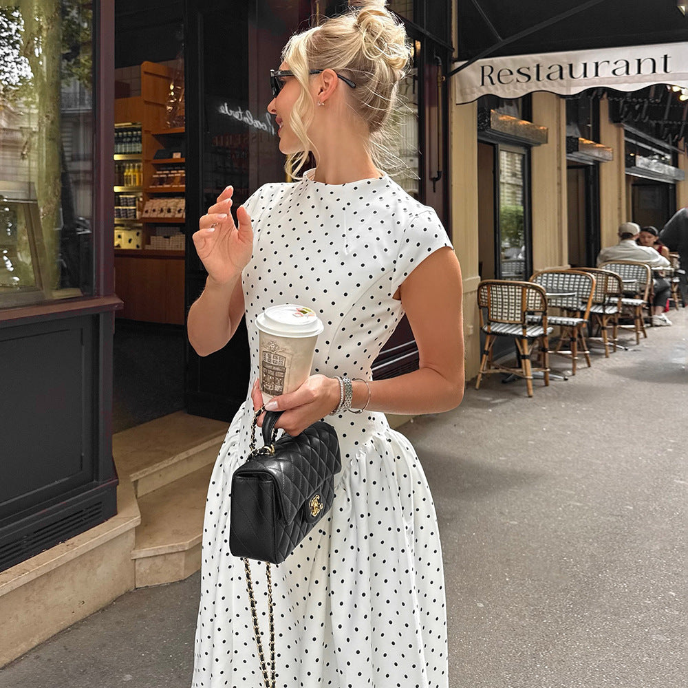 MB1323 White Black Polka Dot Cap Sleeve A-Line Midi Dress
