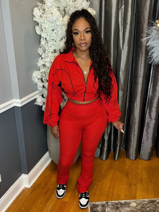 MB1715 Women's Cropped Track Jacket & High-Waisted Pants Two-Piece Set